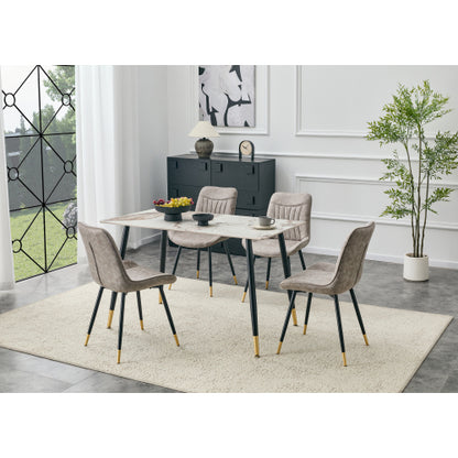 Set of 2 Gray Leathaire Tech Fabric Dining Chairs, Black Semi-Gloss Metal Leg Gold Trim Adjustable Non-Slip Feet Vertical Stitch High Back