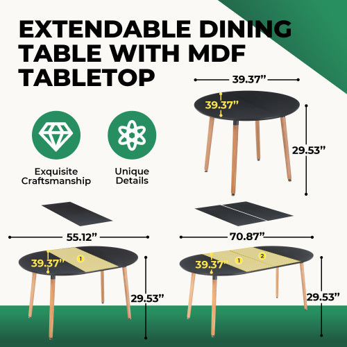 Extendable Multi-Purpose Table, Black MDF Top & Metal Wood Leg Dining Office Coffee Table 100-180cm
