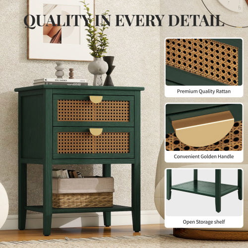 Natural Rattan 2-Drawer Stable End Side Table with Metal Handles