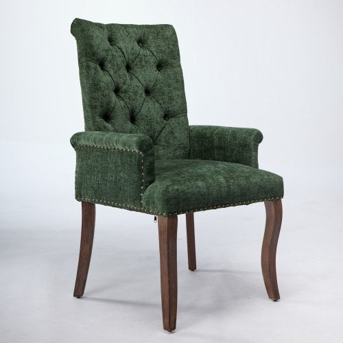 Single Olive Green Chenille Tufted Arm Dining Chair, Curved Hand Sanded Solid Wood Legs 300lbs Capacity