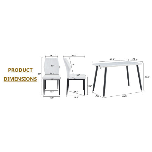 5-Piece White Tempered Glass Dining Set, Marble Texture Table with 4 PU Shell Pattern Dining Chairs