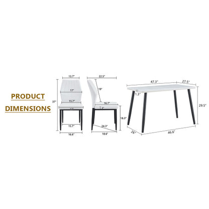 5-Piece White Tempered Glass Dining Set, Marble Texture Table with 4 PU Shell Pattern Dining Chairs