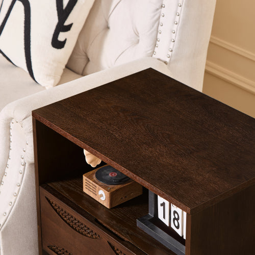 Mid Century Modern Rattan Nightstand with Charging Station USB Ports & Outlet Hole & 4 Solid Wood Bases, Farmhouse End Table with Open Space and Drawer Dresser, Walnut