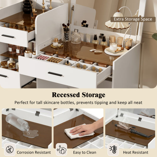 White 3in1 Flip-Top Vanity Desk, Amber Glass Top, Adjustable Dividers, Hidden Storage Cabinet