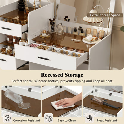 White 3in1 Flip-Top Vanity Desk, Amber Glass Top, Adjustable Dividers, Hidden Storage Cabinet