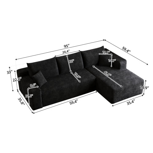 95" Cloud Sectional Sofa,Modern Minimalist Upholstered Couches, Comfort U Shaped Sofa for Living Room,Deep Seat Corner Couch,No Assembly Required,Black (Plush Corduroy Fabric)