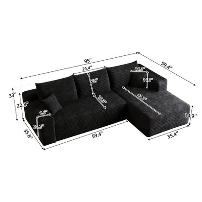 95" Cloud Sectional Sofa,Modern Minimalist Upholstered Couches, Comfort U Shaped Sofa for Living Room,Deep Seat Corner Couch,No Assembly Required,Black (Plush Corduroy Fabric)