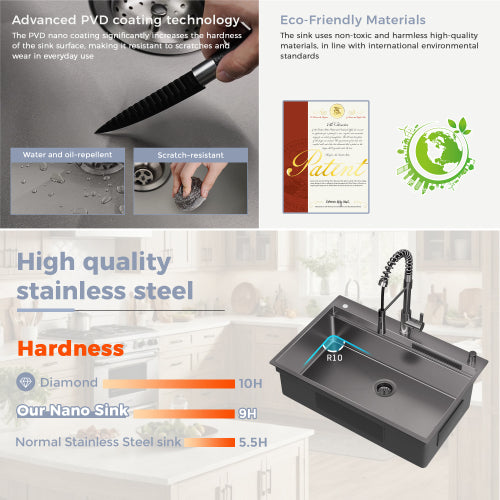 33 Inch Gunmetal Black Waterfall Kitchen Sink with Pull Out Faucet Combo, Workstation Smart Black Drop-in Sink PVD nano, Modern Single Bowl Waterfall Stainless Steel with Various Accessories
