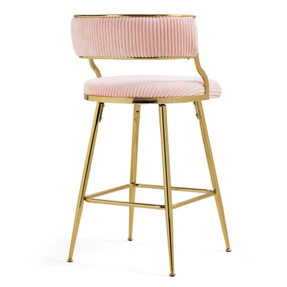 (SET of 2) 26inch  Counter height bar stools Corduroy kitchen island counter bar stool with back,golden chromed base and footrest (PINK)