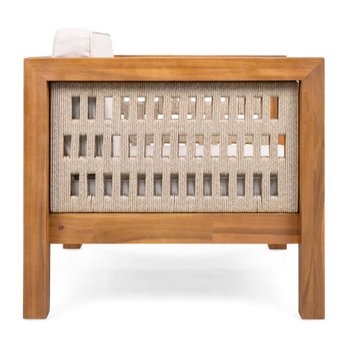 Acacia Wood Outdoor Club Chair with Beige Rope Arm and Beige Cushions,400 lbs Capacity