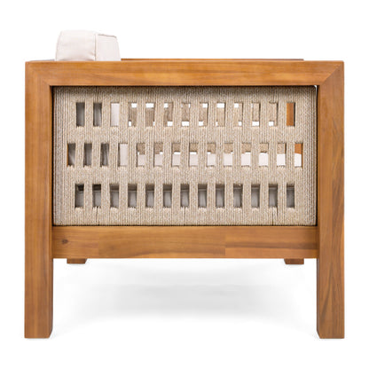 Acacia Wood Outdoor Club Chair with Beige Rope Arm and Beige Cushions,400 lbs Capacity