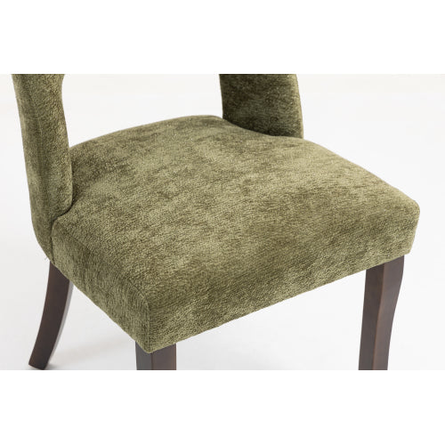 Set of 2 Green Tufted Chenille Dining Chairs, Curved Rubberwood Legs 300lbs Capacity Space Saving Design