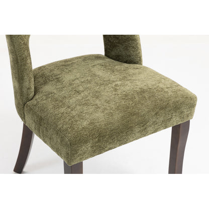 Set of 2 Green Tufted Chenille Dining Chairs, Curved Rubberwood Legs 300lbs Capacity Space Saving Design