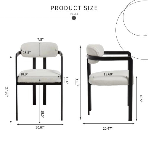 Modern Boucle Dining Chairs Set of 2, Mid-Century Upholstered Kitchen Chairs with Black Metal Legs