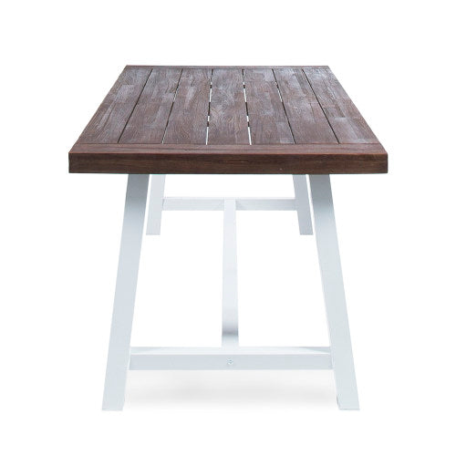 Outdoor Dark Brown Sandblast Finish Acacia Wood Dining Table with White Rustic Metal Finish Frame