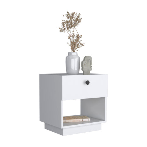 White Single Drawer Nightstand with Large Open Shelf