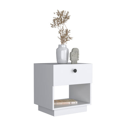 White Single Drawer Nightstand with Large Open Shelf