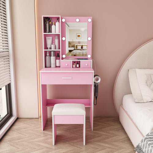 Pink Compact LED Vanity Table Set, Power Outlet, Hairdryer Holder, Drawers & Upholstered Stool