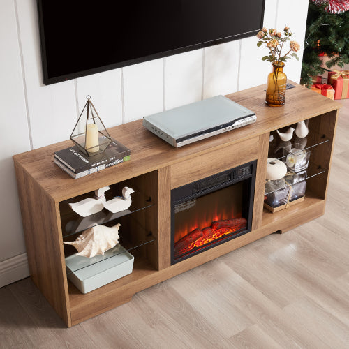58 Inch Oak Electric Fireplace TV Stand Bluetooth RGB LED Light Media Console with Built-In Power Outlet for 65 Inch TV