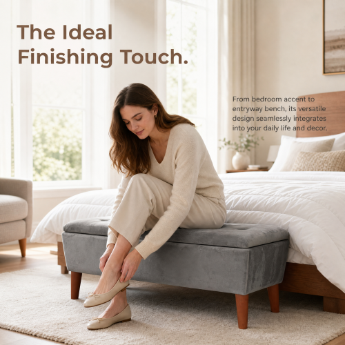 42 inch Linen Ottoman Bench with Solid Wood Tapered Legs