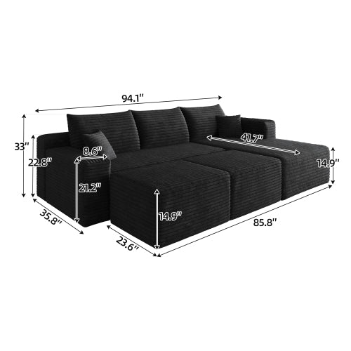 95-Inch Black Plush Corduroy U-Shaped Cloud Sectional Sofa with 2 Ottomans, Deep-Seat Corner Couch No-Assembly for Living-Room