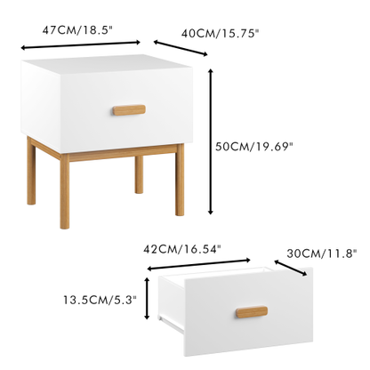 Modern White Nightstand with Drawer and Wood Legs, Minimalist Bedside Table with Handle for Bedroom, Living Room, Apartment