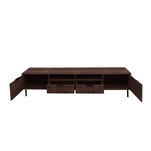 78.7 inch Walnut 3D Diamond Texture TV Stand Heavy Iron Leg Media Console Fits 85 inch TV