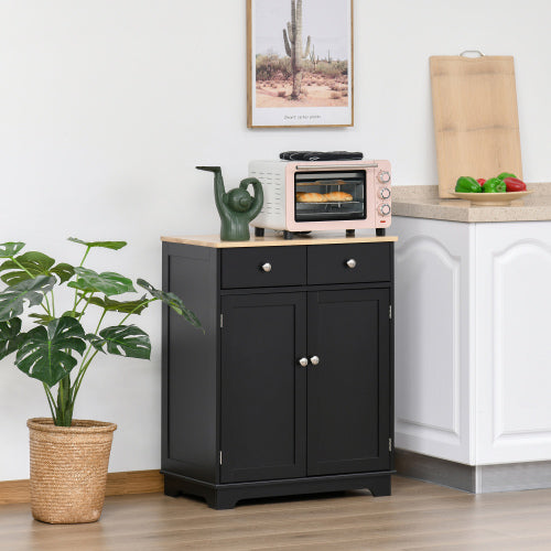 Sideboard with Solid Wood Countertop, Modern Kitchen Storage Cabinet, Coffee Bar Cabinet with 2 Drawers, Doors and Adjustable Shelf, Black