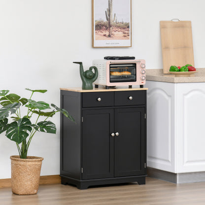 Sideboard with Solid Wood Countertop, Modern Kitchen Storage Cabinet, Coffee Bar Cabinet with 2 Drawers, Doors and Adjustable Shelf, Black