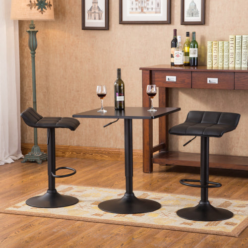Black Square Top Adjustable Height with Black Leg And Base Metal Bar Table and 2 Swivel Black Bonded Leather Adjustable Bar Stool Bar Sets