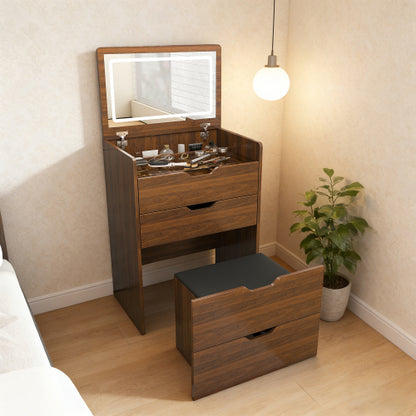 3-in-1 Vanity Desk with Lighted Mirror & Stool, Flip Top Makeup Dressing Table, Compact Storage for Bedroom, Bathroom, Dressing Room(23.62inch L, Walnut)