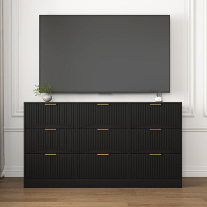 Black 9 Drawer Dresser, 63" Large Deep Chest of Drawers, Wooden Dresser Storage Cabinet with 9 Drawers for Bedroom, Long Dressers for Living Room, Hallway, Drawer panel with wavy patterns