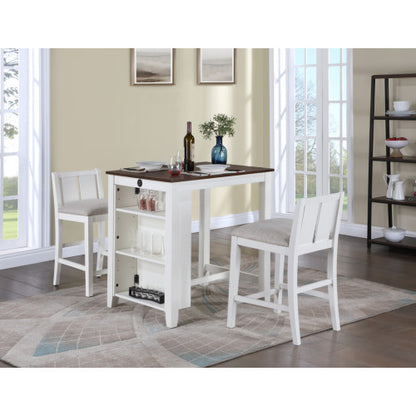 3-Piece White Counter Height Dining Set, 36 Inch Table with Shelves, USB Port & 2 Cream Fabric Chairs
