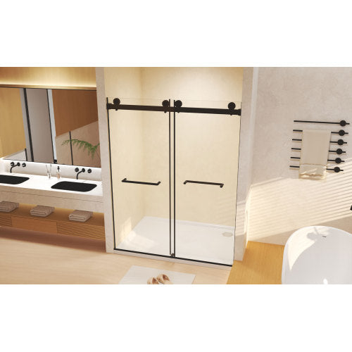 Frameless Double Sliding Shower Door 56-60 "W x 74" H, 5/16 "(8mm) Tempered Glass, Explosion Proof Film, Stainless Steel Handle, Square Tube Track, Matte Black