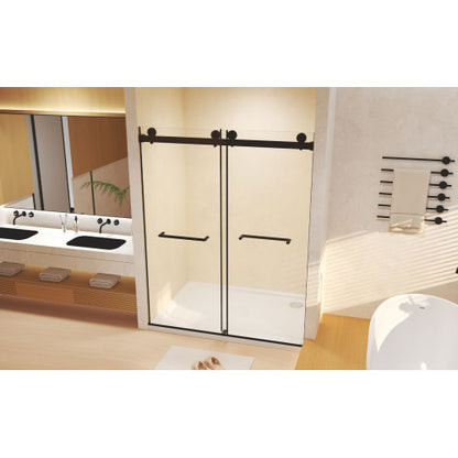 Frameless Double Sliding Shower Door 56-60 "W x 74" H, 5/16 "(8mm) Tempered Glass, Explosion Proof Film, Stainless Steel Handle, Square Tube Track, Matte Black