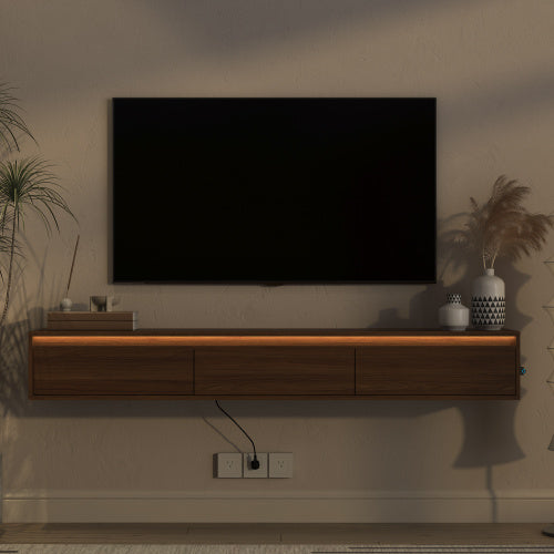 Wall Mount Floating High Gloss TV Cabinet with Touch LED Light Strip & Cable Holes for Living Room