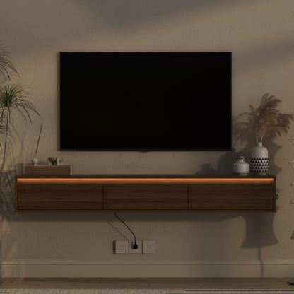 Wall Mount Floating High Gloss TV Cabinet with Touch LED Light Strip & Cable Holes for Living Room