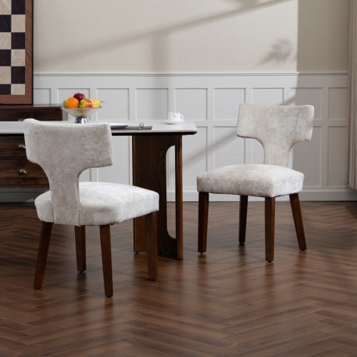 Set of 2 Beige Chenille Mid Century Dining Chairs, Wood Frame Upholstered Accent Chairs