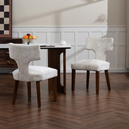 Set of 2 Beige Chenille Mid Century Dining Chairs, Wood Frame Upholstered Accent Chairs