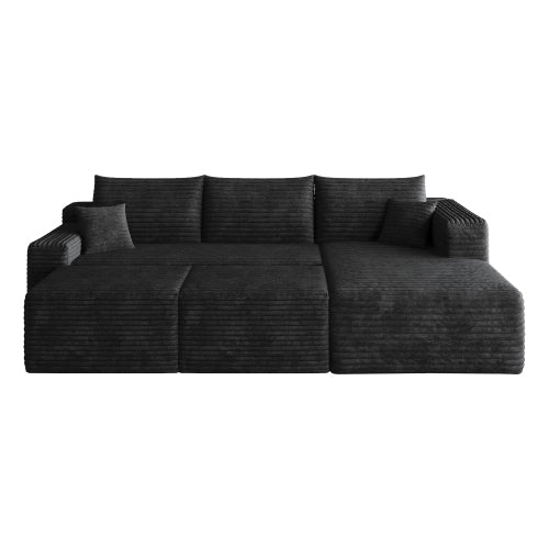 95-Inch Black Plush Corduroy U-Shaped Cloud Sectional Sofa with 2 Ottomans, Deep-Seat Corner Couch No-Assembly for Living-Room
