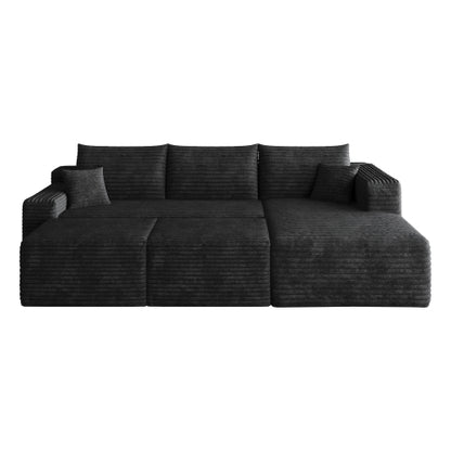 95-Inch Black Plush Corduroy U-Shaped Cloud Sectional Sofa with 2 Ottomans, Deep-Seat Corner Couch No-Assembly for Living-Room