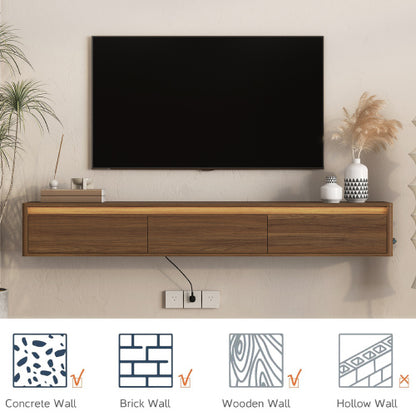 Wall Mount Floating High Gloss TV Cabinet with LED Lights & Power Outlet for Living Room