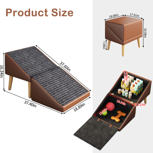 Brown 3-in-1 Foldable Pet Ottoman Dog Ramp, Anti-Slip Pet Stairs with Hidden Storage for Dogs & Cats