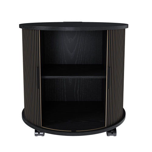 Black Cylinder Nightstand, Mid-Century Round End Table with Charging Station & 2-Tier Storage
