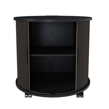 Black Cylinder Nightstand, Mid-Century Round End Table with Charging Station & 2-Tier Storage