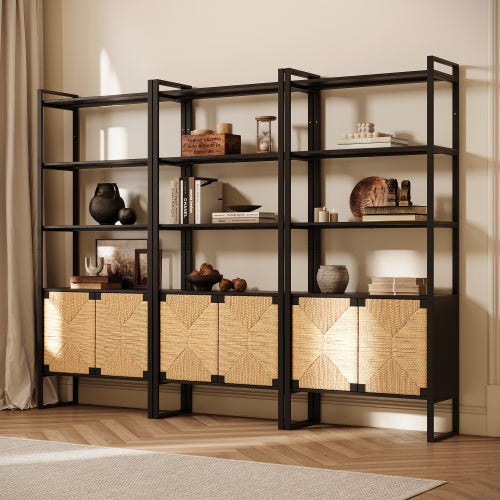 Rattan Storage Bookshelf with Cabinet for Living Room Bedroom