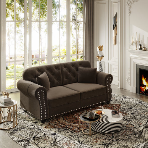 63 inch  Brown Velvet Mid-Century Sofa, Nailhead Trim & 2 Pillows