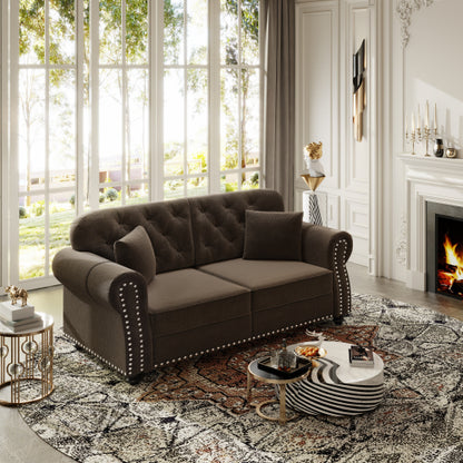 63 inch  Brown Velvet Mid-Century Sofa, Nailhead Trim & 2 Pillows