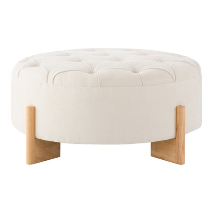 Beige Round Chenille Tufted Ottoman, 32 Inch Button Tuft Footrest with L-Shaped Rubberwood Legs, 250 LBS Capacity