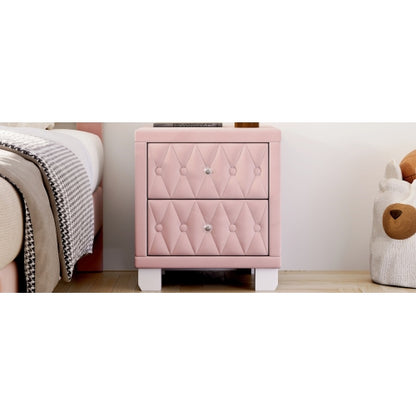 Elegant Velvet Nightstand with 2 Drawers and Crystal Handle, Storage Bedside Table with Button-Tufted, Pink